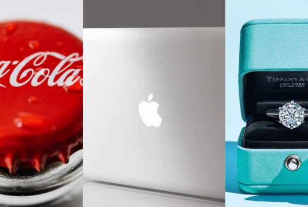 Three iconic brands and their recognisable colour palettes: Coca-cola, Apple, and Tiffany & Co.